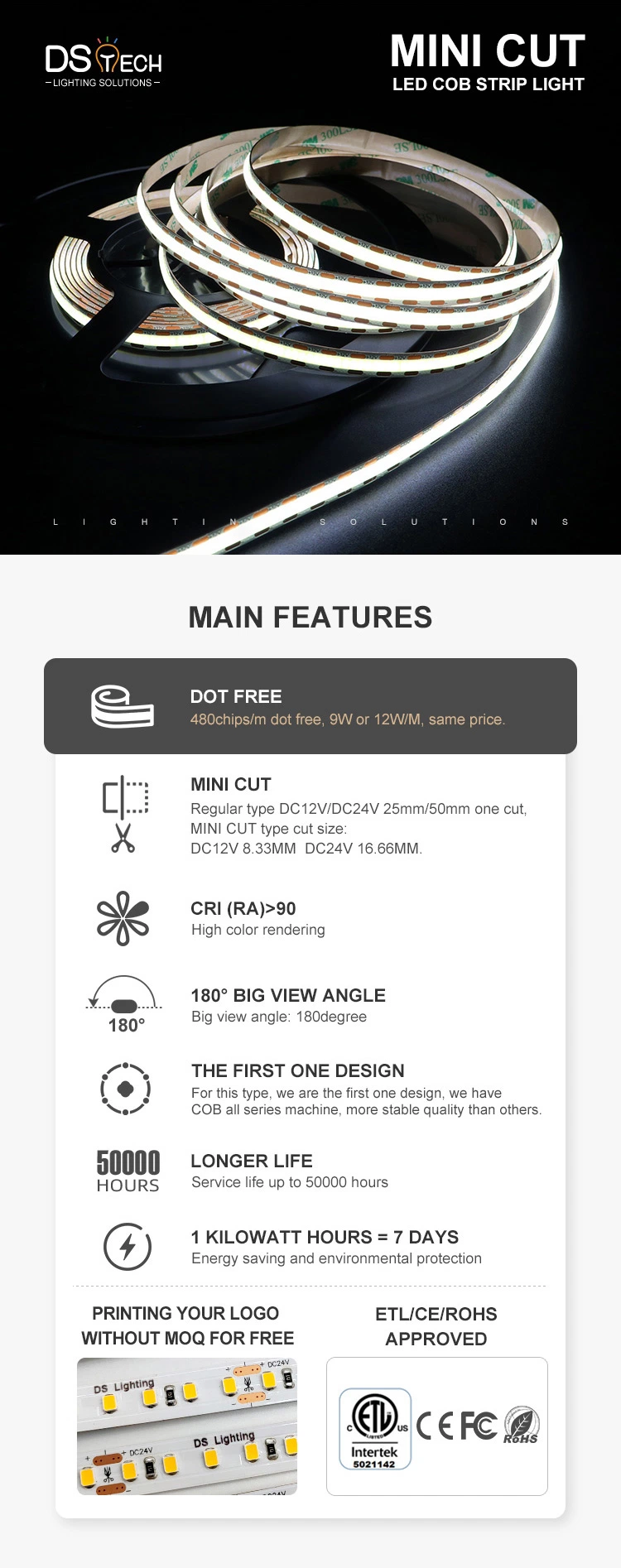 Dotless in Aluminum Profile LED Linear Light 9W 12W 480chips/M High Density COB LED Strip Light LED Flexible Strip Light